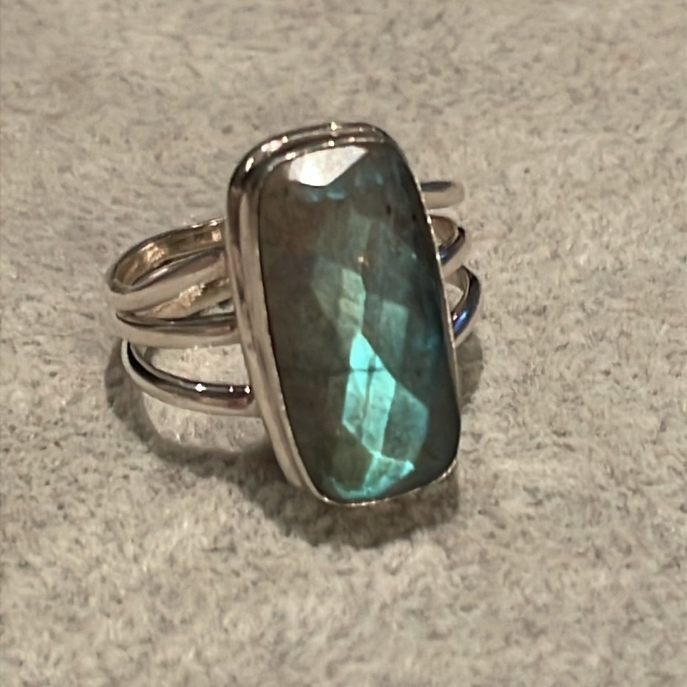 Stunning Labradorite Sterling Silver 925 Ring Size 8 Diamond Cut Rectangular
